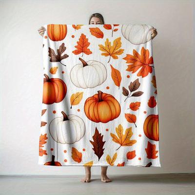 1 Stück Gemütliche Herbstkürbis & Herbstlaub Flanelldecke - Weiche Warme Überwurfdecke mit Lebendigem Orange-, Gelb-, Rot- & Braundesign, Perfekt