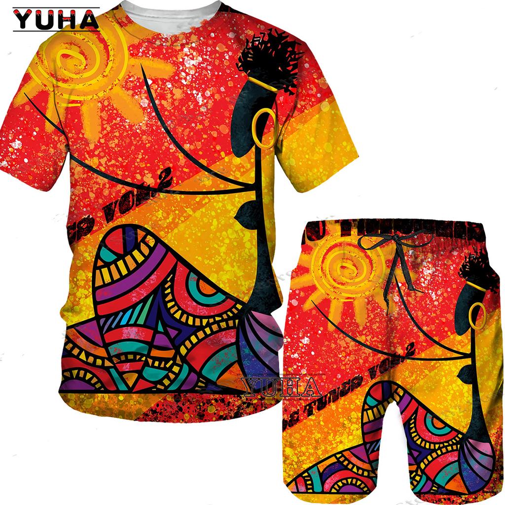 YUHA,Short Sleeve Plus Size Men Retro Ethnic Print Tracksuit Couple Dashiki Clothes Summer African Men's T Shirt Shorts Two Piec
