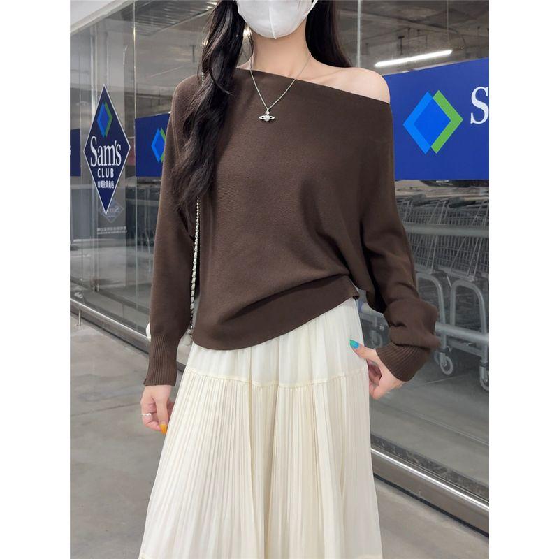 Kumikumi Gentle Temperament Sloping Shoulder Long Sleeve Knit Women Clothes Autumn Slimming All-Match Solid off-Shoulder Top