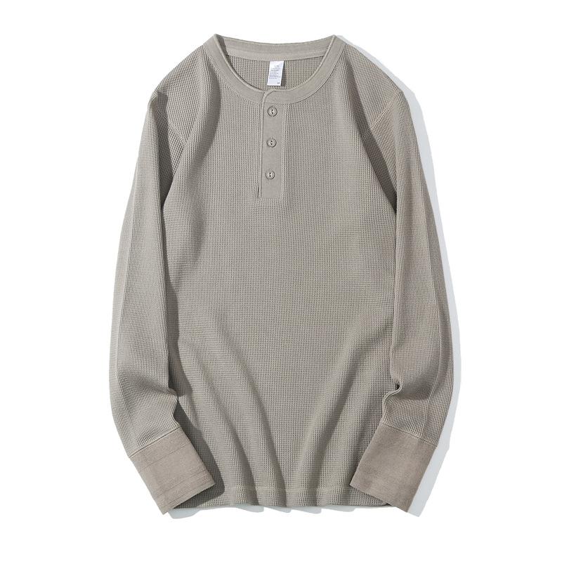 Męska koszulka z długim rękawem Henley Waflowy splot Ciężka Slim Fit Codzienna Vintage Wiosenna Warstwa bazowa Góra