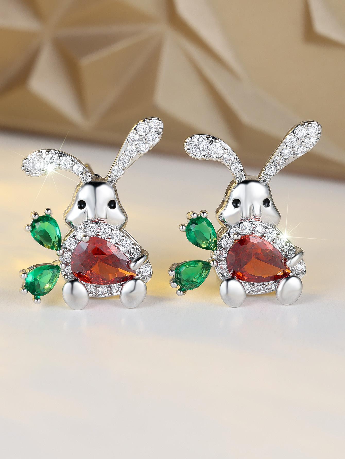 

Hot-selling cute fun diamond-encrusted rabbit stud earrings, less heart animal shape sweet and cute style accessories