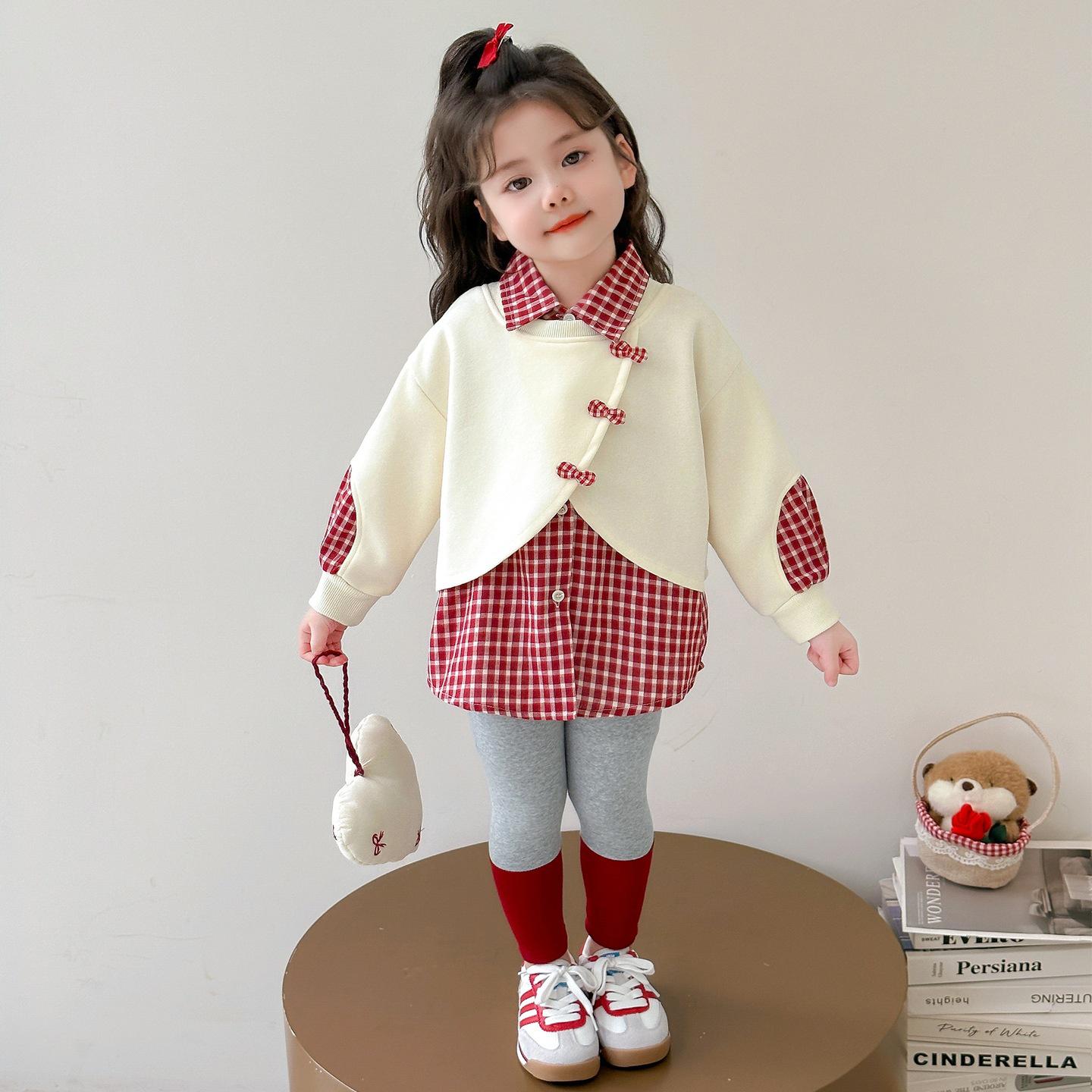 

Осень 2025 Леггинсы в клетку с бантом для девочек Комплект из двух предметов - Милый и стильный для детей 90cm