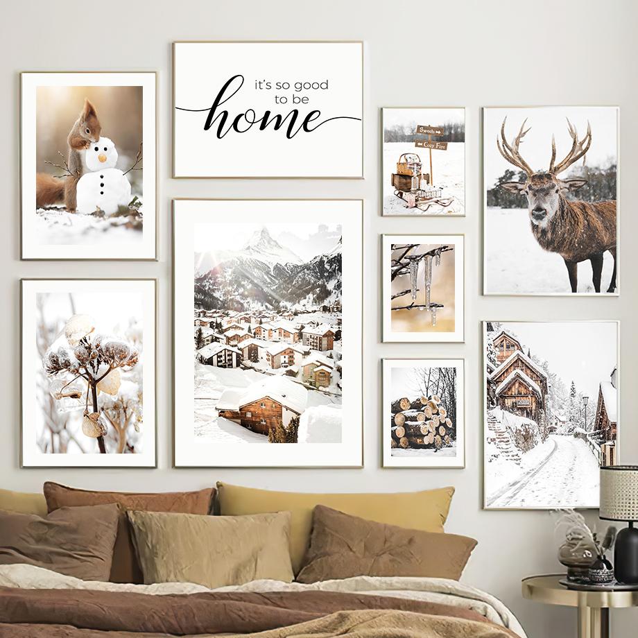 Zimní Sníh Les Hory Domov Květiny Nástěnné Umění Plátno Severské Plakáty Malba A Tisky Nástěnné Obrázky Pro Dekoraci Obývacího Pokoje