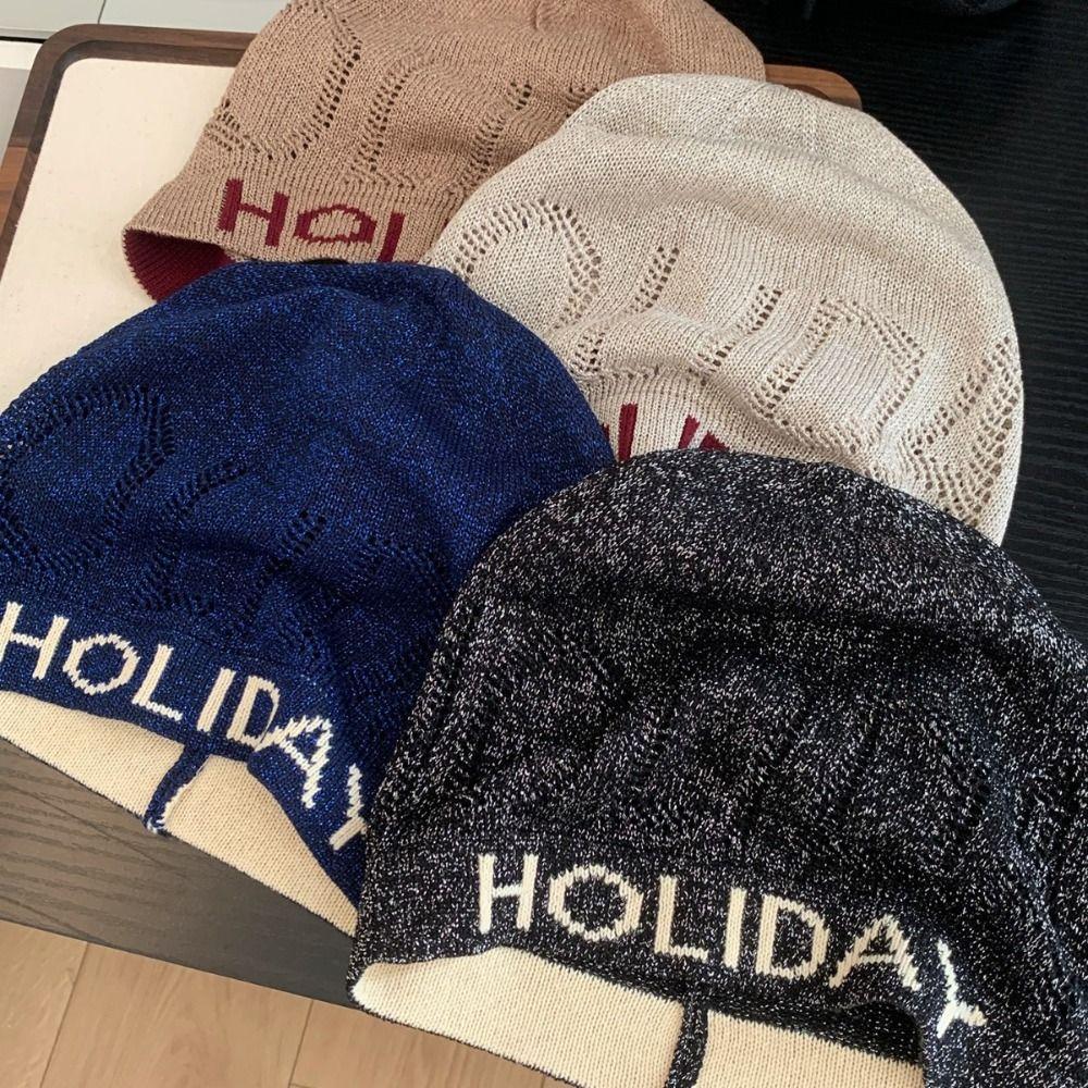 Vintage Letter Beanie Hat Hollow Knitted Pullover Hat Fashion Sequin Knitted Hat  Winter