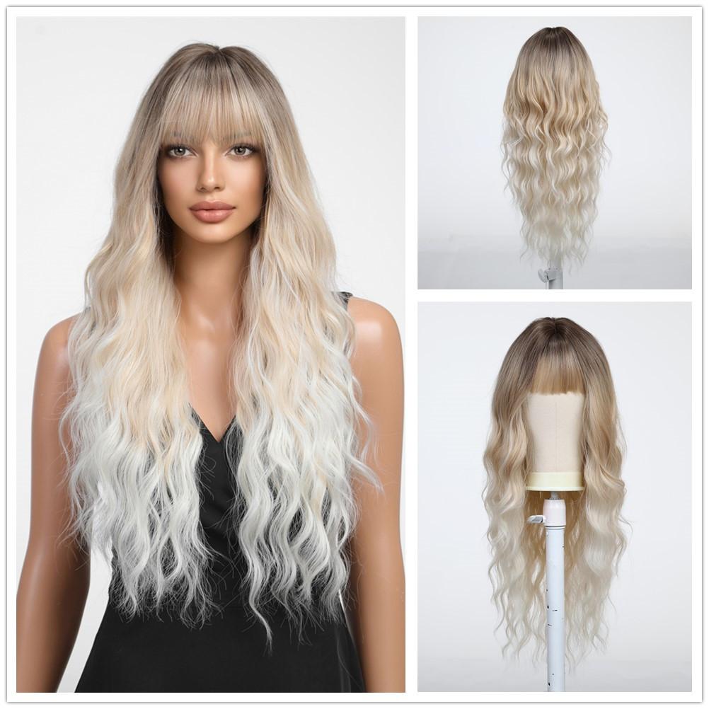 BLONDE UNICORN Long Wavy Curly Wigs Light Golden Brown Synthetic Wig with Bangs for Women Daily Cosplay Heat Resistant …
