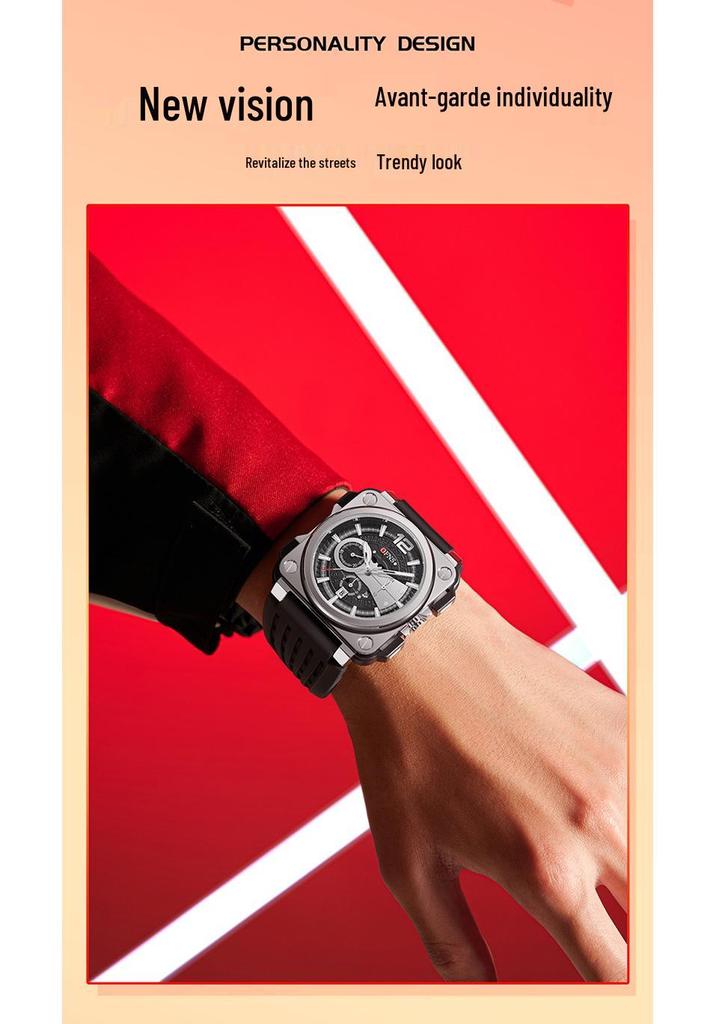 OFNS Herren Mode Quadratische Chronograph Quarz Uhr mit Kalender, Wasserbeständig und Einfache Strichindizes