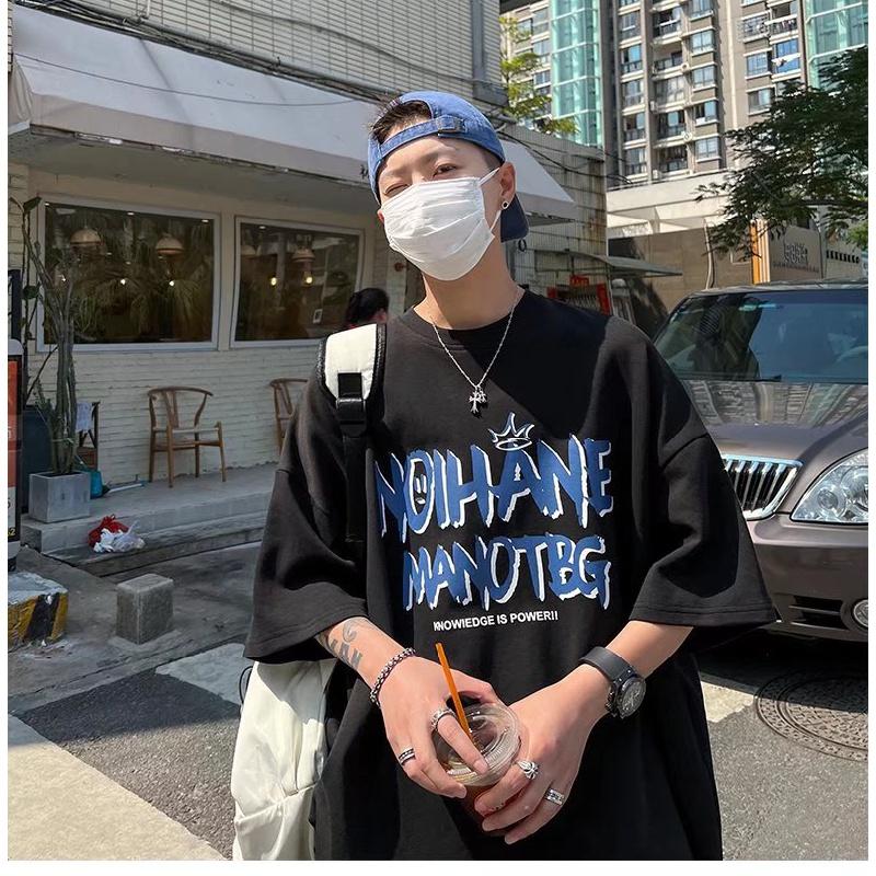 Men Short Sleeve T-Shirts Letter Graphic Print Half Sleeve Tshirts Pullover T-shirt Casual Tee Man Korean Casual Round Neck Retro Tops For