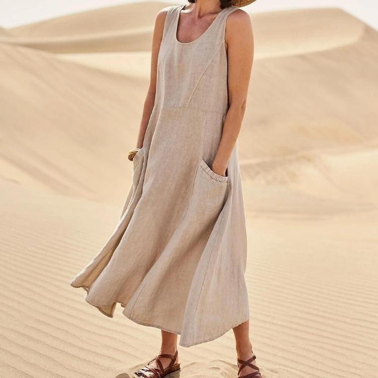 Ladies Summer Cotton Linen Dress European American Style Round Neck Sleeveless Pocket