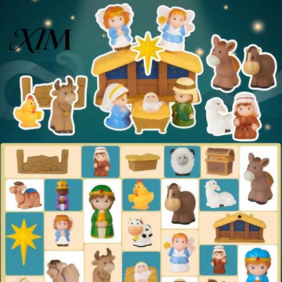 Interactive Christmas Surprise Toy 24 Days Nativity Advent Calendar for Kids, Countdown Decoration Children with Mini Figurines, Holiday