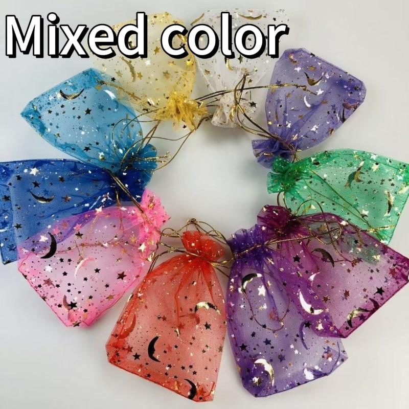 

100 шт. Месяц Звезды Органзовые мешочки с кулиской Ювелирные подарочные мешочки Золотая звезда Органзовые подарочные мешочки для Рождества Свадьбы 7x9cm