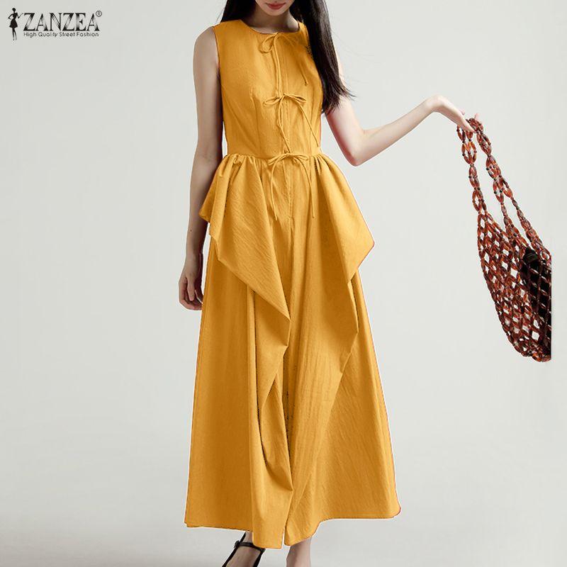 ZANZEA Women Sleeveless Ruffled Layers Baggy Casual Long Maxi Pleated Dress