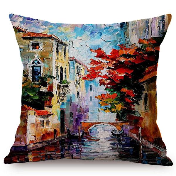 Mediterranean Beautiful Italy Venice City Scenery Oil Painting Style Sofa Decoration Pillow Case Ocean Landscape Cushion Cover
