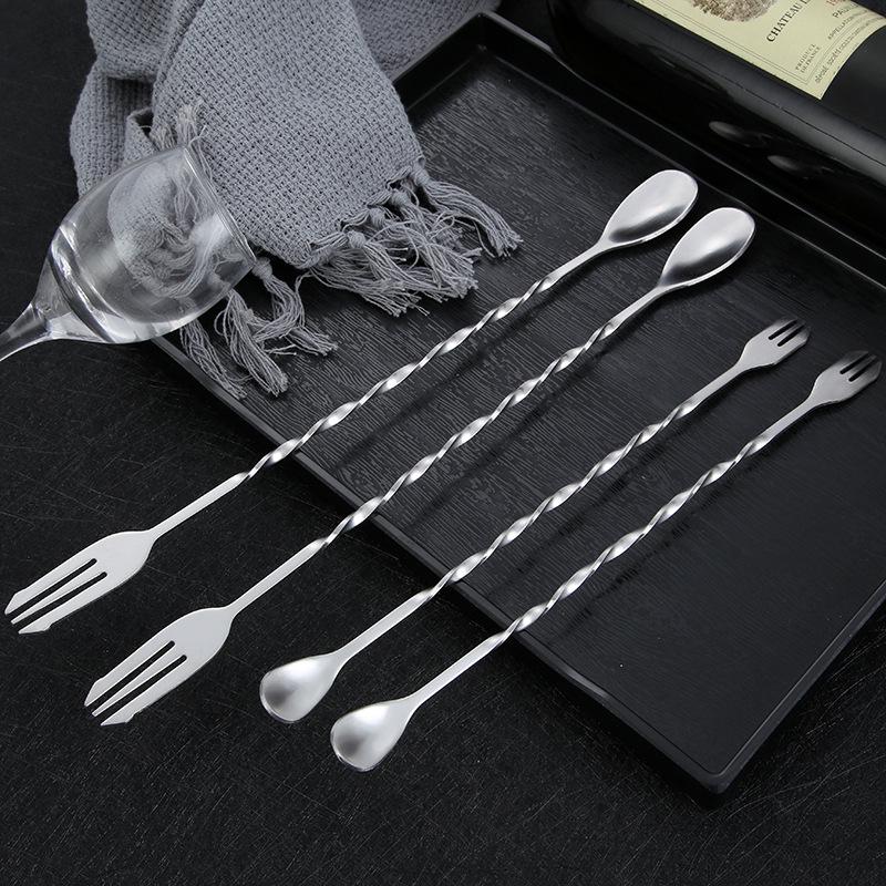 304 Stainless Steel Long-Handle Double-Ended Cocktail Stirring Spoon & Fork