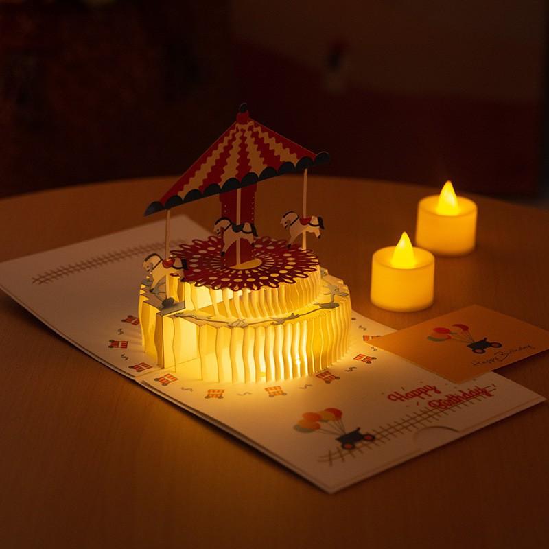 3D Musical Birthday Cake Card Pop Up Colourful Light with Envelope for Kids Baby Shower Wife Birthday Party Greet Cards DropShip
