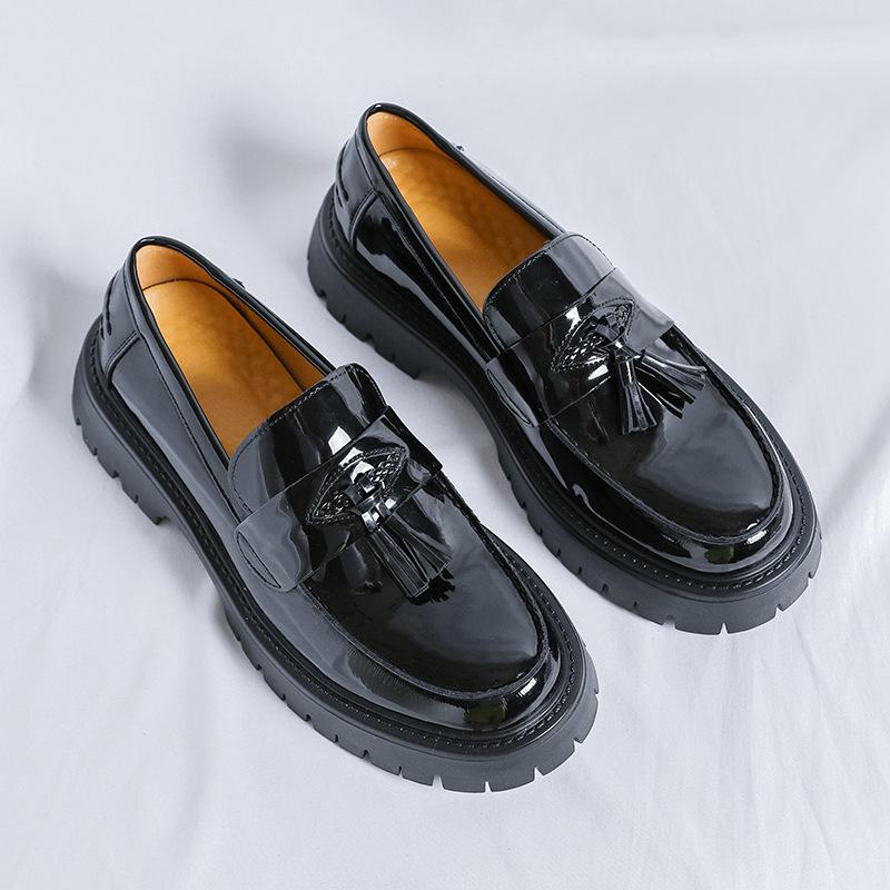 Mens Fashion Business Wedding Dress Shoes Slip-on Tassels Shoe Black Stylish Platform Loafers Breathable Patent Leather Footwear
