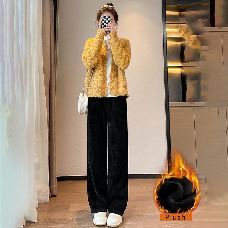 Autumn WInter Women's Corduroy High Waist Thickened Velvet Loose Casual Pants Women Plush Wide Leg Pants