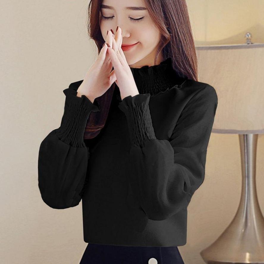 YYFS Women's Fashion Casual Spring Autumn Solid Color Print Long Sleeve Half Turtleneck Blouses & Shirts