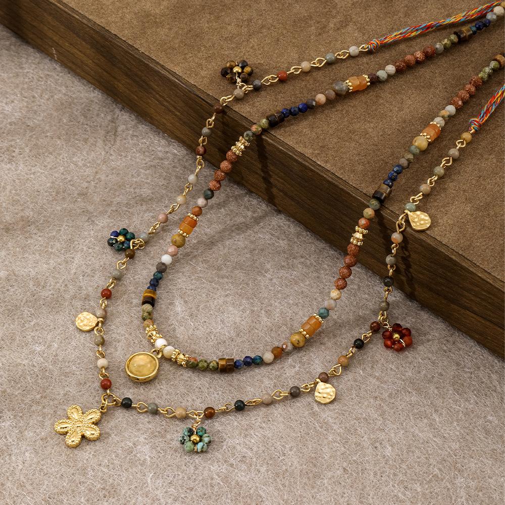 Prosperous ethnic style natural stone long necklace, handmade colored rope high-end bohemian adjustable sweater chain