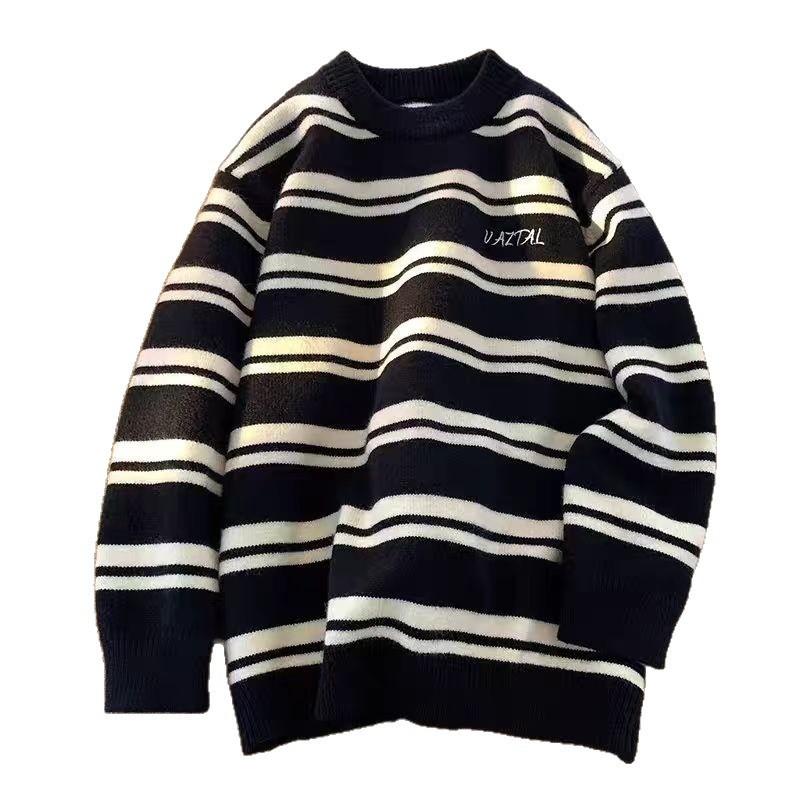 Oversized Crew Neck Striped Knit Sweater Men Women Casual Winter Pullover Slim Fit Cotton Blend