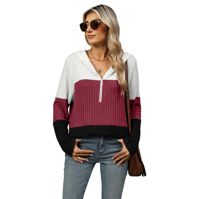 New Loose Color Splicing Zipper Hooded Long Sleeved Blouse Autumn and Winter Top Women Casual Simple Fashion Elegant Office Women's Clothing