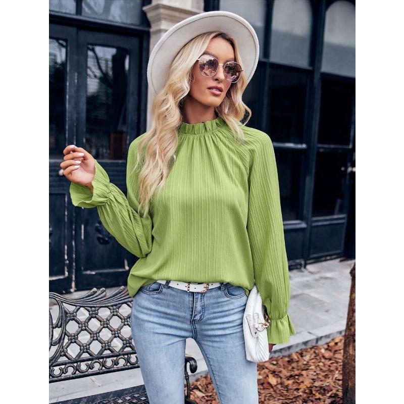 Fashion Elegant Long Sleeve Jacquard Women Blouse Loose Simple Office Shirt Female Stand Collar Solid Color Vintage Tops 3303