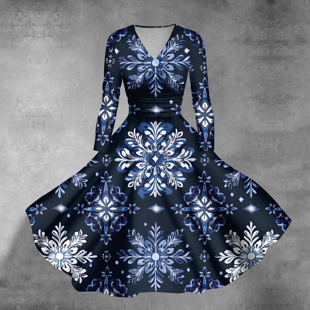 Women's Casual Fashion Christmas Printed Long Sleeve V-Neck Sexy Pocket Dresses
