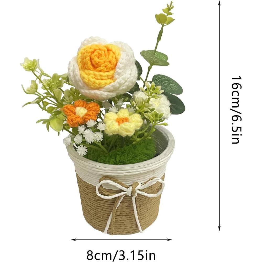 Knitting Crochet Rose Flowers Potted Plants, Mini Cute Home Desktop Decorations and Gifts for Friends, Classmates, Teacher - Christmas, Birthday Gift