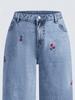 Women's Retro Smoke Gray Distressed Slimming Jeans with Red Cherry Blossom Embroidery