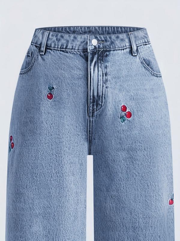 Women's Retro Smoke Gray Distressed Slimming Jeans with Red Cherry Blossom Embroidery