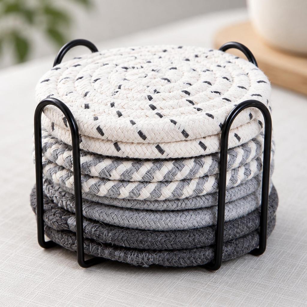 8 Pieces Braided Coaster Washable Set with Metal Storage Rack Reusable Thread Warming Mat