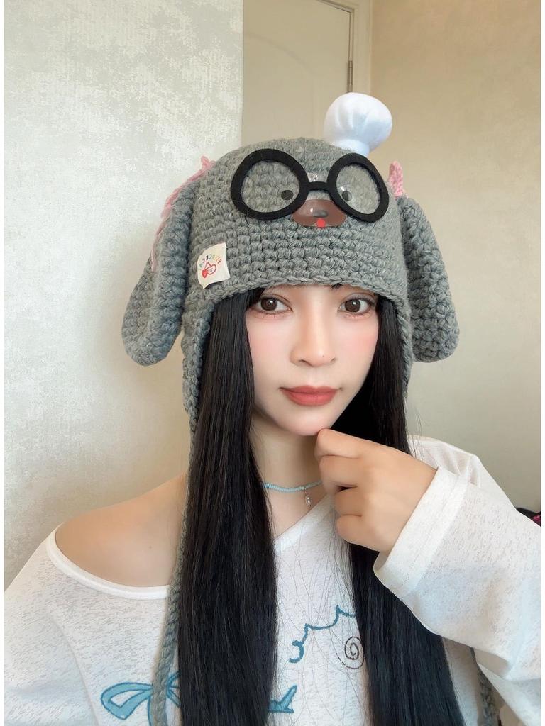 Damen-Wollmütze Herbst/Winter 2025 mit lustigem Welpenohren- und Brillen-Design
