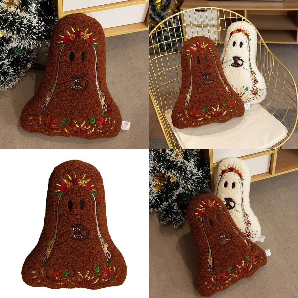 Halloween Ghost Plush Cushion With Embroidered Design For Living Room Decor