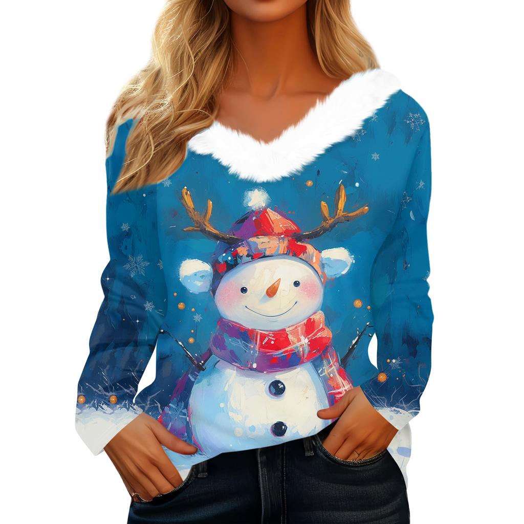 Women's Christmas Printed Long Sleeved Party Plush Neck V-neck Top