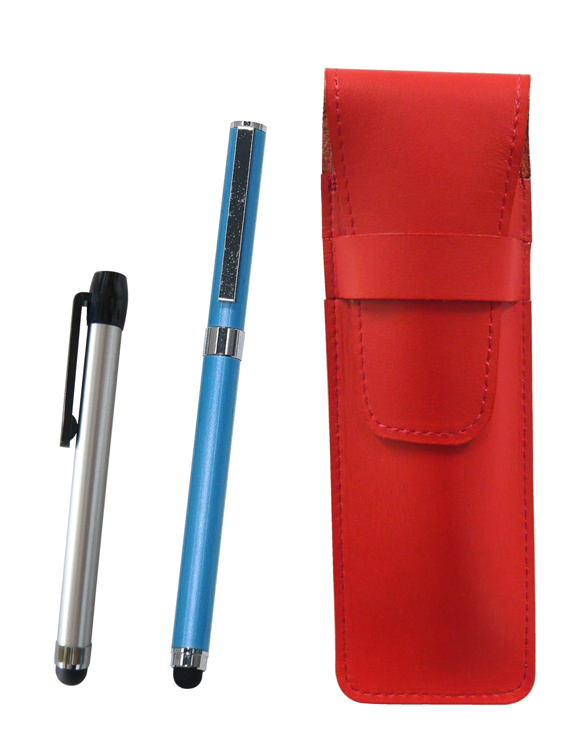 

Slim Cowhide Leather Pen Case with Metal Touch Silver Rod and Smartphone Touch Metal Cap Ballpoint Pen 2-Pack (Red) (Blue) (ASR-ALST-QSJW700-L-2)