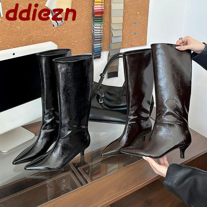 Fashion Fashion Low Heel Women Knee High Boots Slip On Shoes Female Winter Autumn Pointed Toe Party Ladies Long Modern Boots Shoes