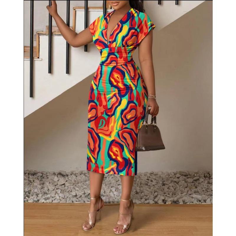YYFS Women's Fashion Summer Spring Colour Block Print Short Sleeve V-Neck High Waist Casual Dresses
