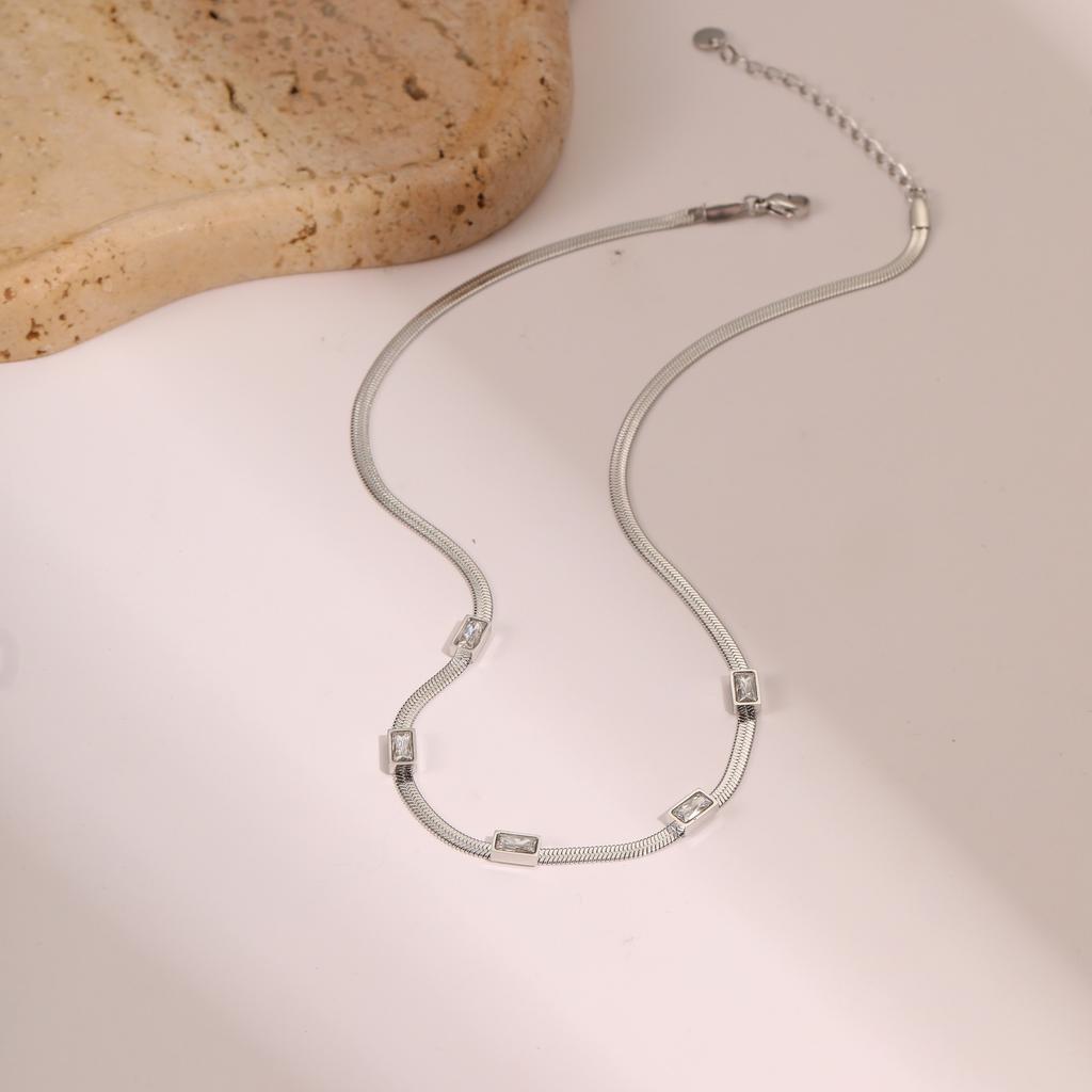 GEMCHIC Women's Vintage Geometry Square Zircon Stainless Steel Choker Necklace Flat Snake Chain Trendy Fashion Jewelry