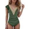 Women's Solid Color Belly Covering Fashionable V-Neck Bathing Suit Swim