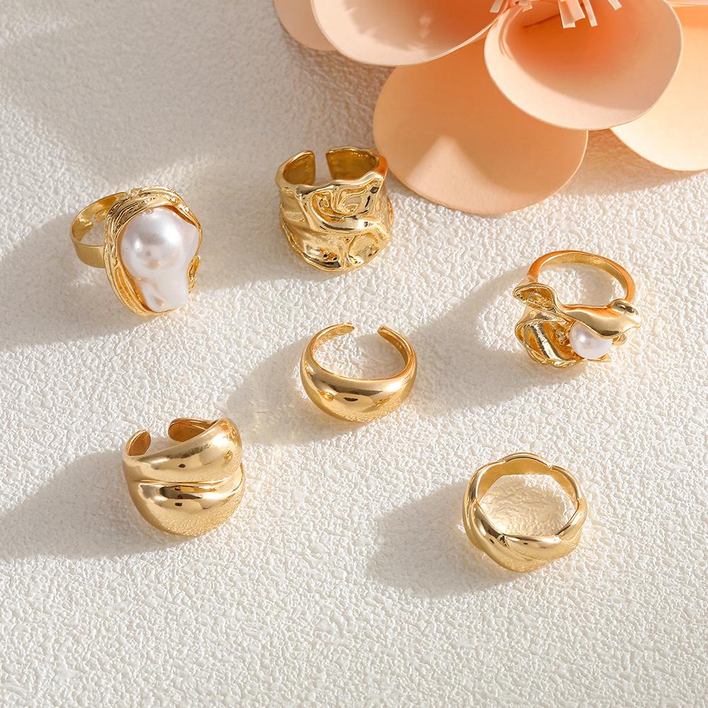 Sweet and Cool Geometric Baroque Pearl Ring Set Personalized Liquid Metal Glossy Ring Geometric Ring Set