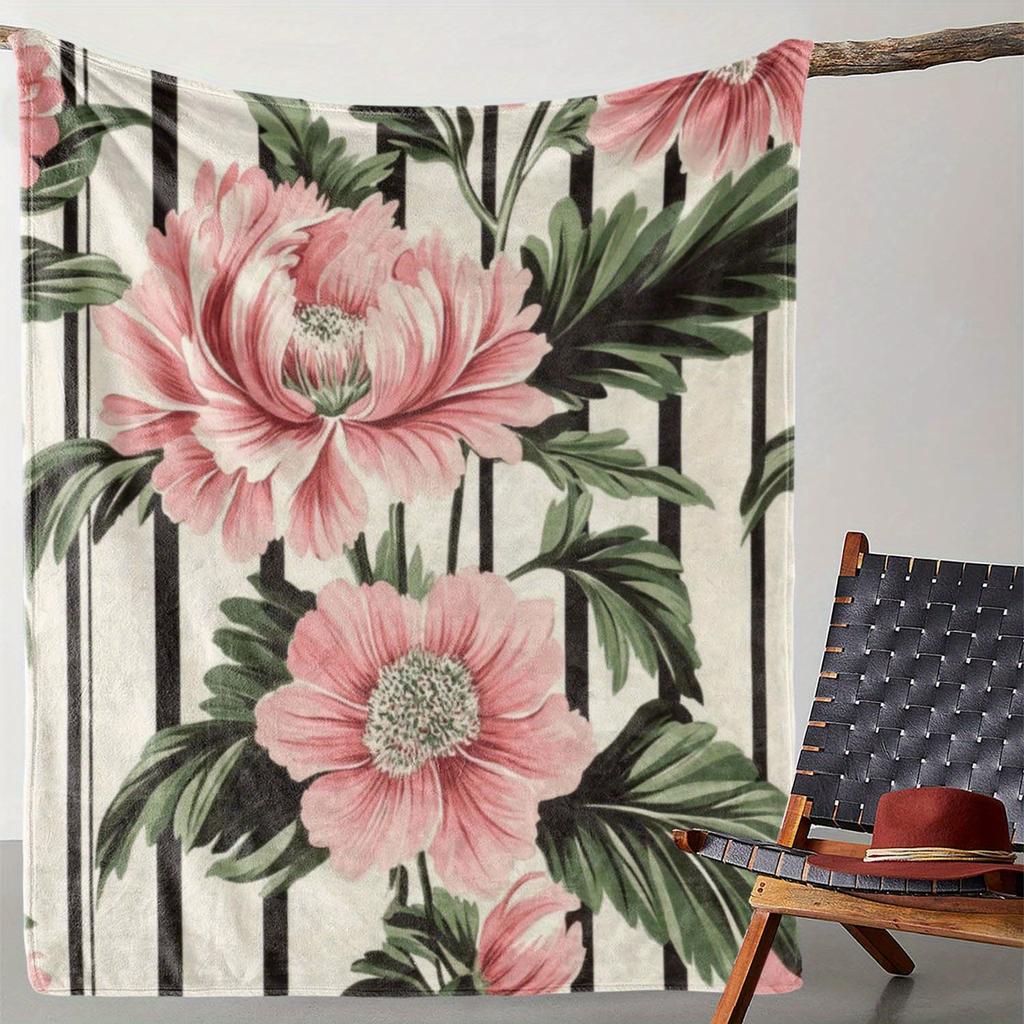 1pc Vintage Floral Print Flannel Blanket, Soft Cozy Warm Throw for Sofa Bed Couch Car Office Camping Travel, All Seasons Gift Bl