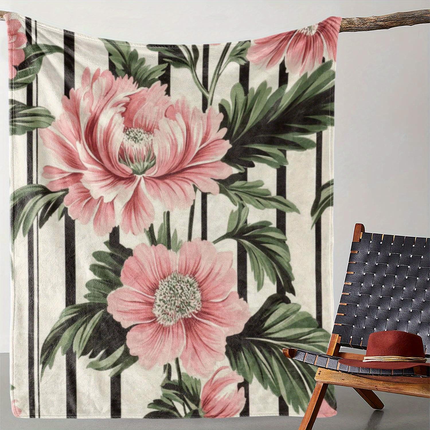 

1pc Vintage Floral Print Flannel Blanket, Soft Cozy Warm Throw for Sofa Bed Couch Car Office Camping Travel, All Seasons Gift Bl 130x150cm