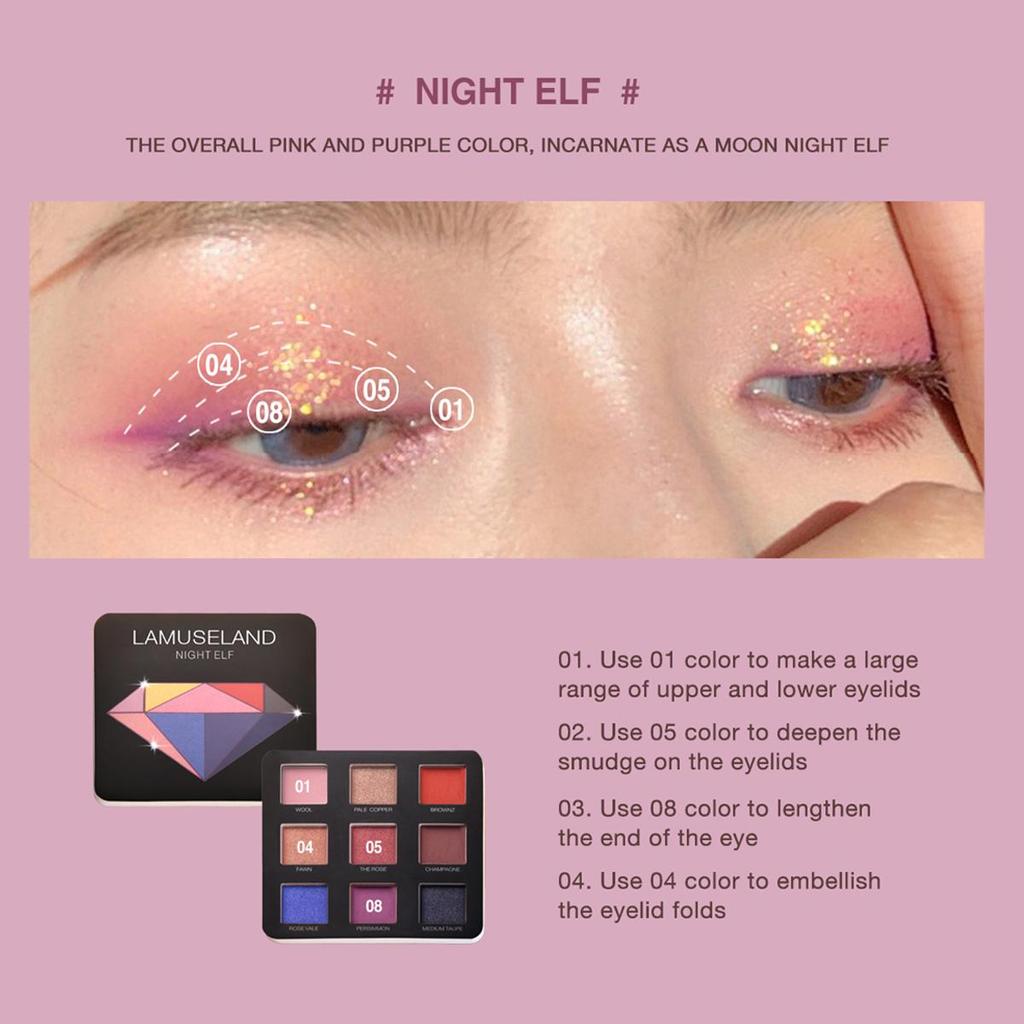 LAMUSELAND 9 Colors Glitter Diamond Eye Shadow Palette Matte Eyeshadow Eye Makeup