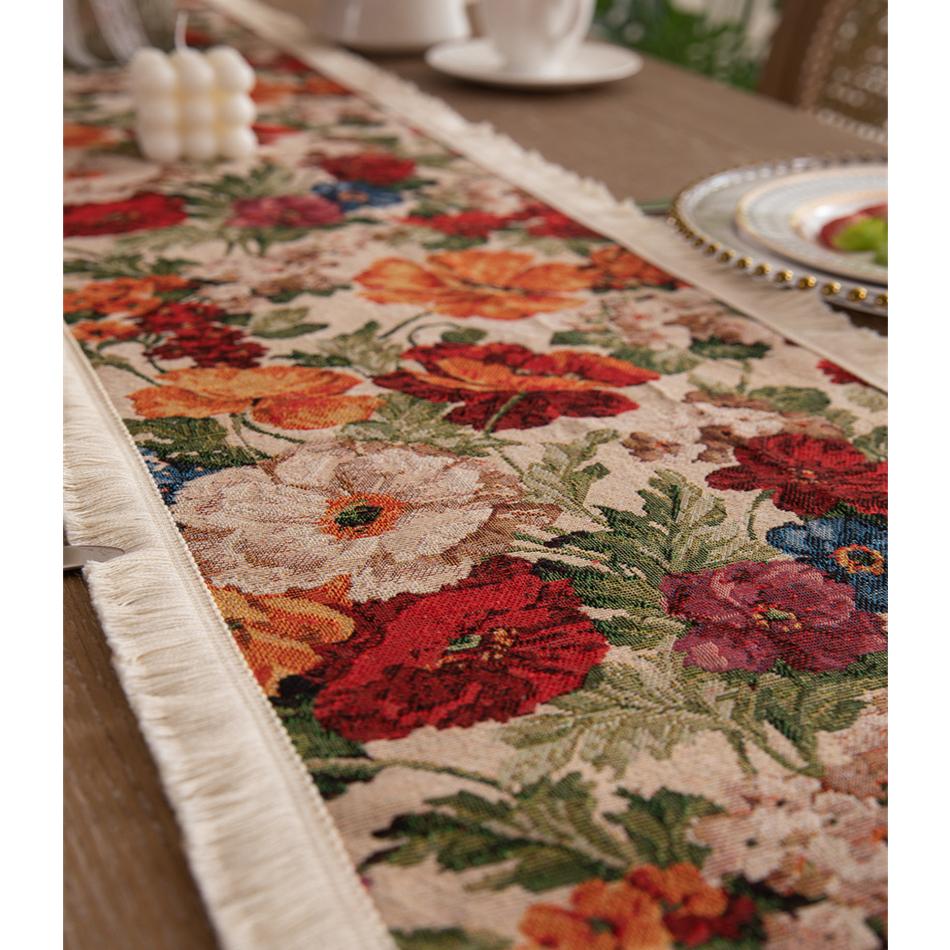 Europäischer Retro Garngefärbter Jacquard Quasten Tischläufer, Baumwoll-Leinen Tischläufer für Party Hochzeit Feste Weihnachten Dekoration