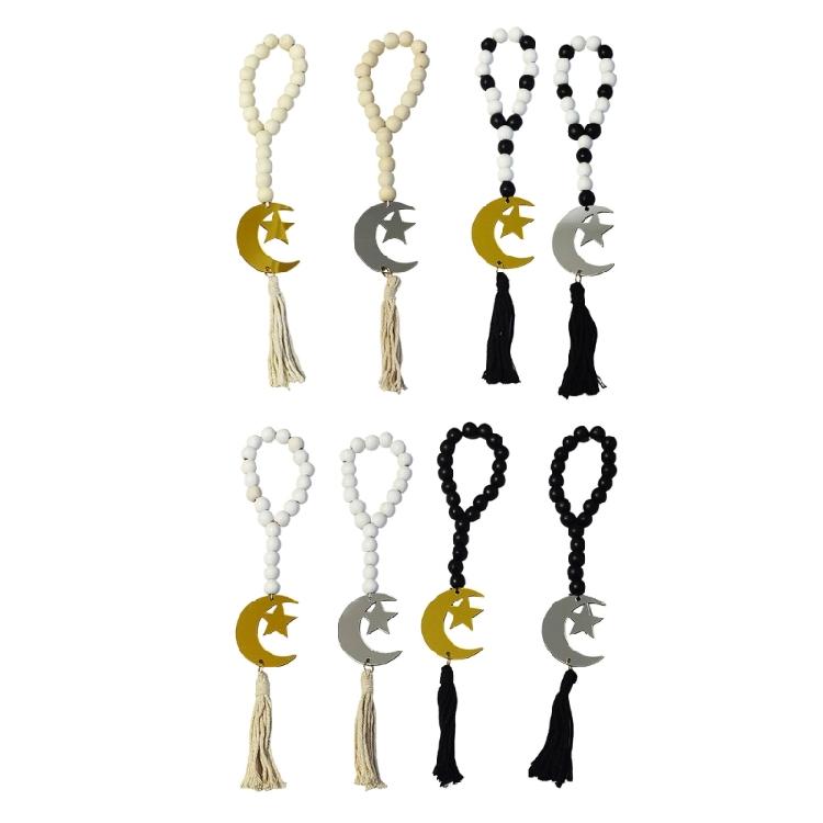 Eid Mubarak Wooden Beads Garlands with Acrylic Moon Pendant Tassels Ramadans Islamic Hanging Ornament Muslims Party Decors