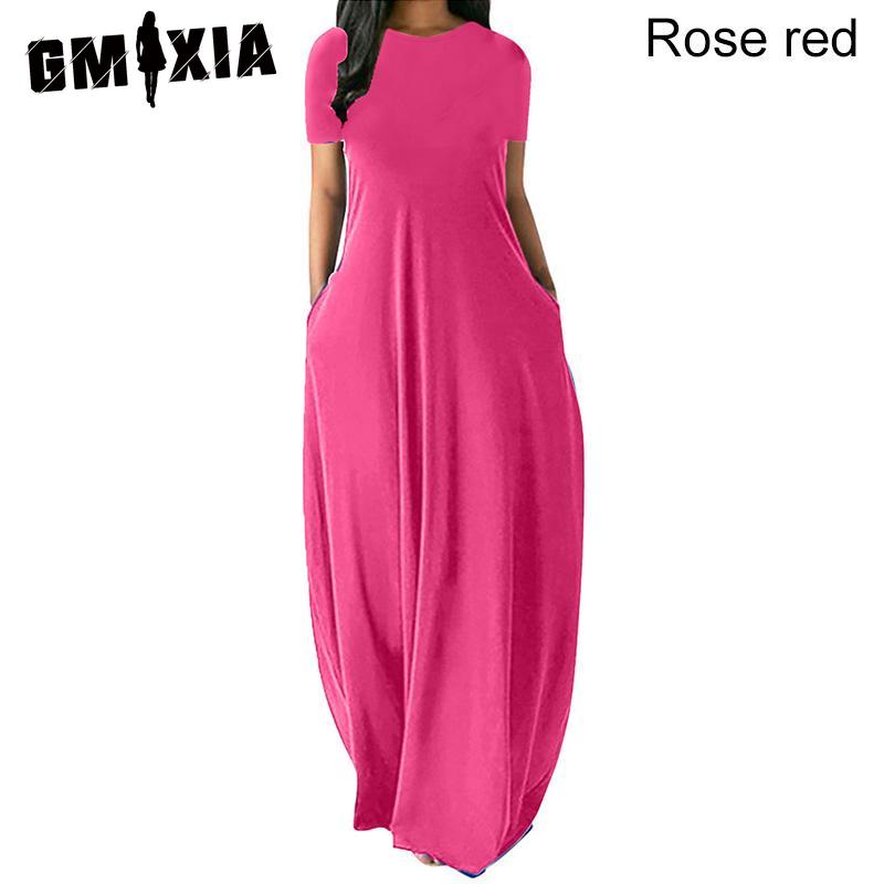 

GMXIA Жіноча повсякденна вільна довга сукня з коротким рукавом та коротким рукавом, елегантна пляжна сукня XXXXXL рожевий червоний колір