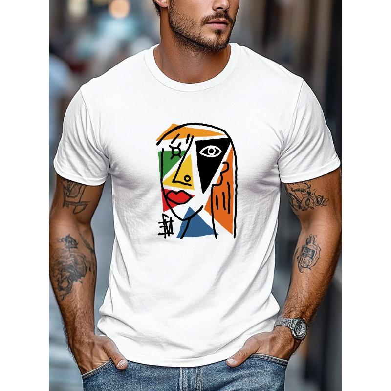 Taglie europee T-shirt da uomo, Vestibilità rilassata e casual, Semplice ed elegante, Stile geometrico astratto con motivo facciale da uomo, Estiva casual, Girocollo