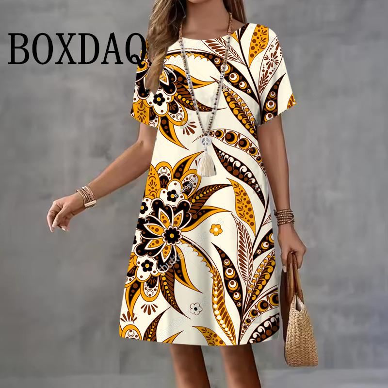 

Летняя женская одежда Платья с коротким рукавом Цветочный принт Платье миди 3D Ретро женская одежда Свободный повседневный круглый вырез Пуловер S