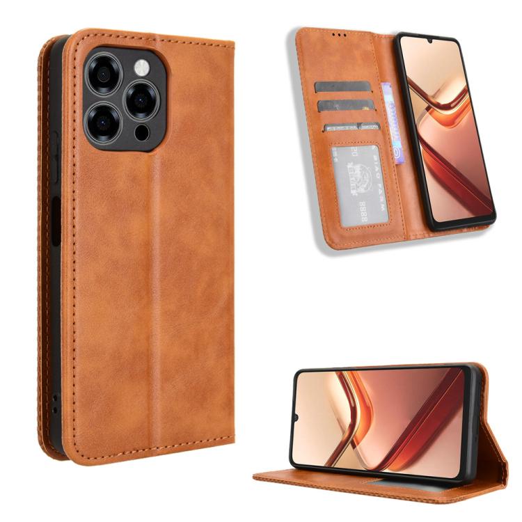 

Чехол для телефона из кожи с магнитной застежкой и ретро-текстурой For Doogee Note 58 / Note 58 Pro коричневый