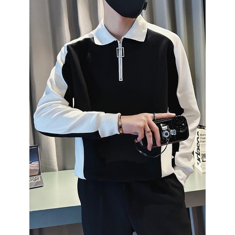 Autumn and Winter Men's Patchwork Sweatshirt Fashion Long Sleeve T-shirt High-end Korean Half Zip Polo Shirt