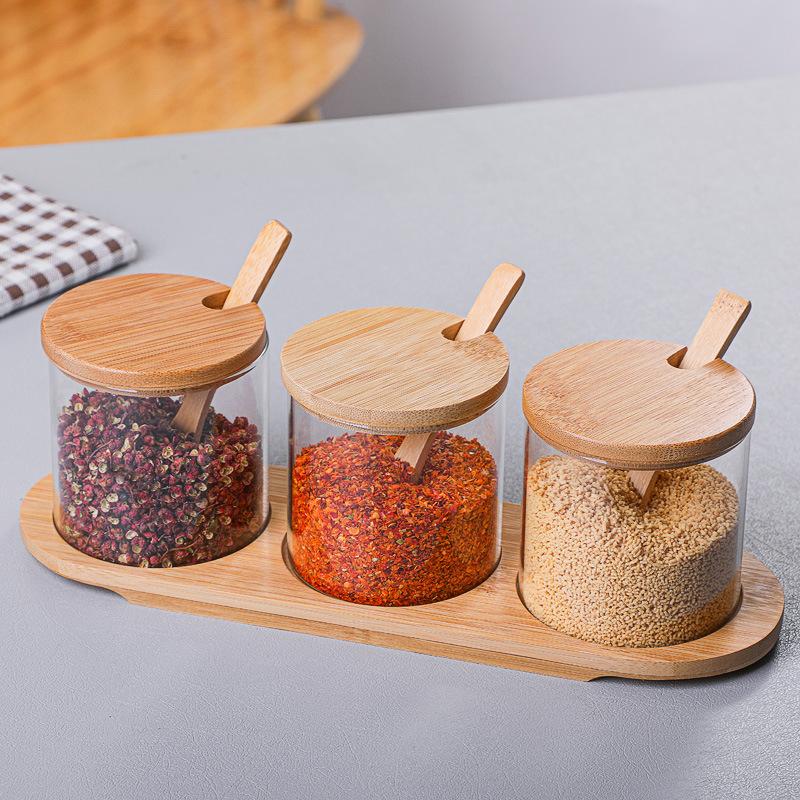 Glass Spice Jars with Bamboo Spoon 3pcs Seasoning Container Set Sugar Salt Pepper Organizer Condiment Bottles with Storage Base